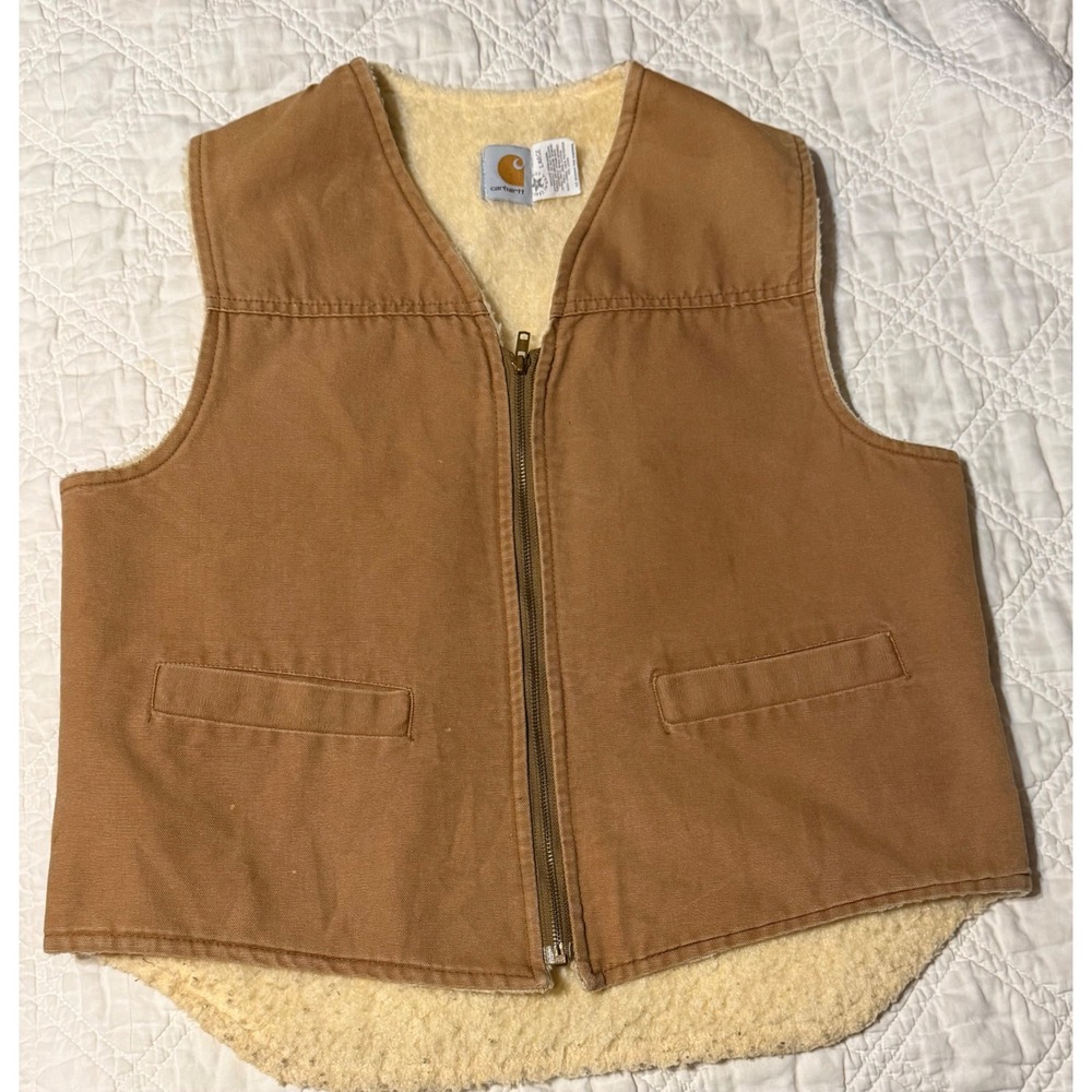Vintage Carhartt 6SV Duck Canvas Sherpa Lined Vest Brown Mens Large USA Made